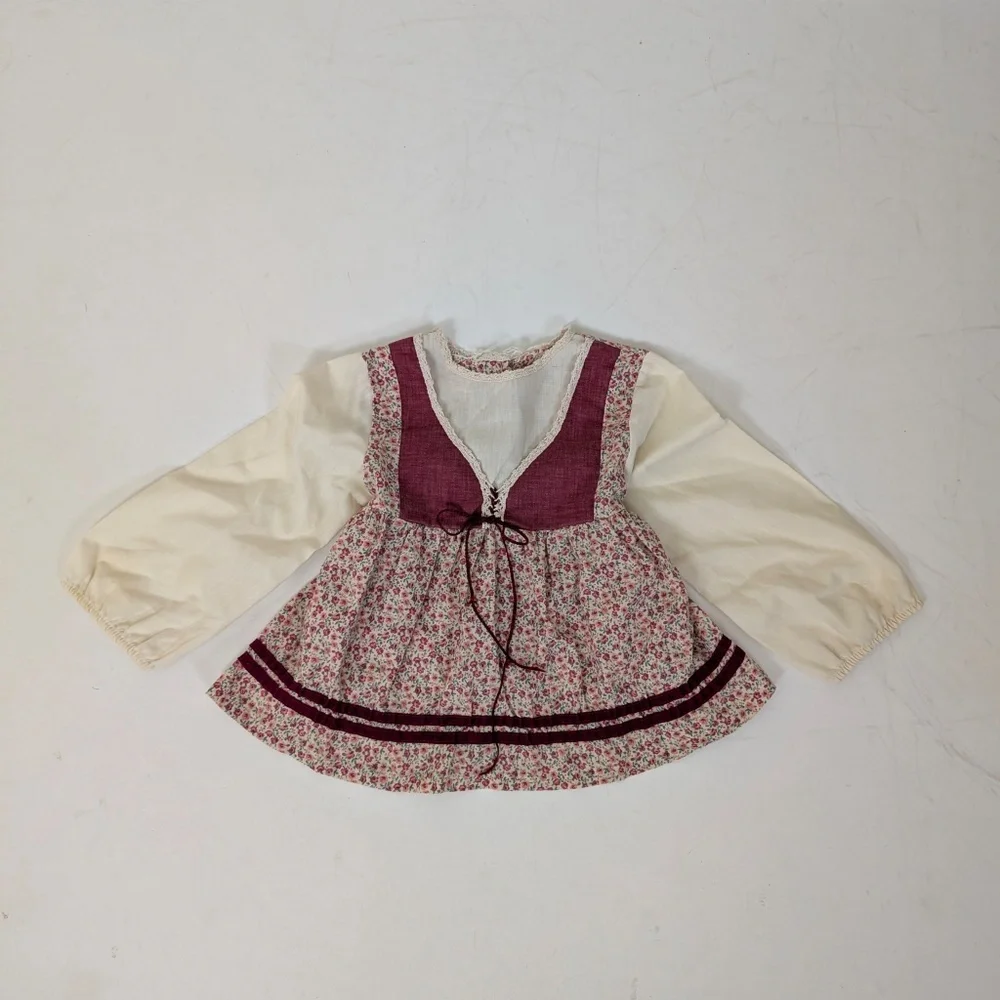 70s Floral Apron Blouse Red Trim Long Sleeve Front Tie Bow Peasant Milkmaid - Picture 2 of 8
